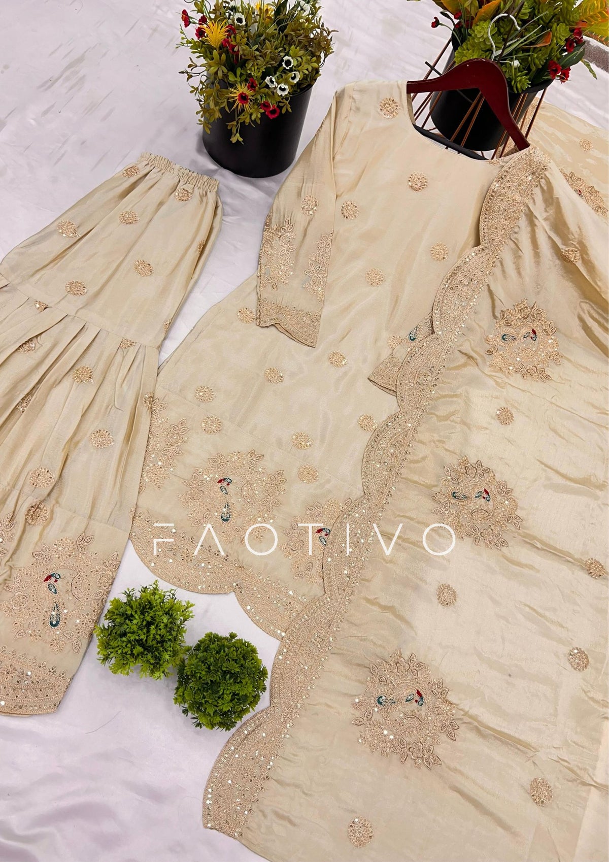 Designer Embroidered Chinnon Silk Sharara Suit