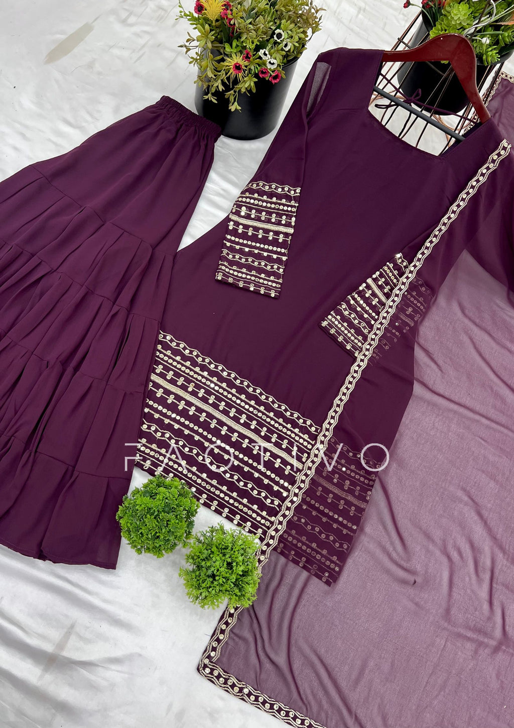 Deep Purple Fully Stitched Embroidered Sharara Suit Set | Georgette Top + Flowy Sharara + Dupatta