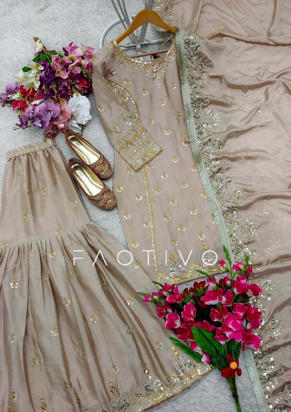 Embroidered Chinon Silk Sharara Suit Set