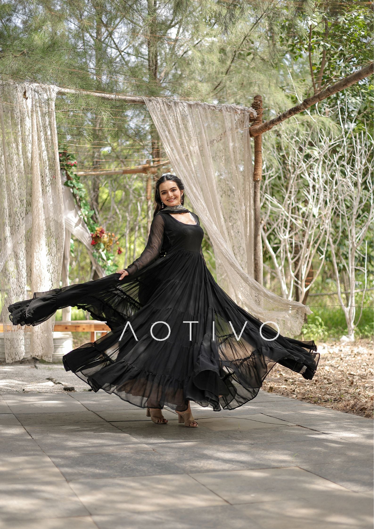 Black is the moment. Always. Premium Readymade Faux Georgette Gown with Designer Embroidered Dupatta – 5 Layer Flair | Women's Ethnic Dress | Traditional Wear | M to 2XL