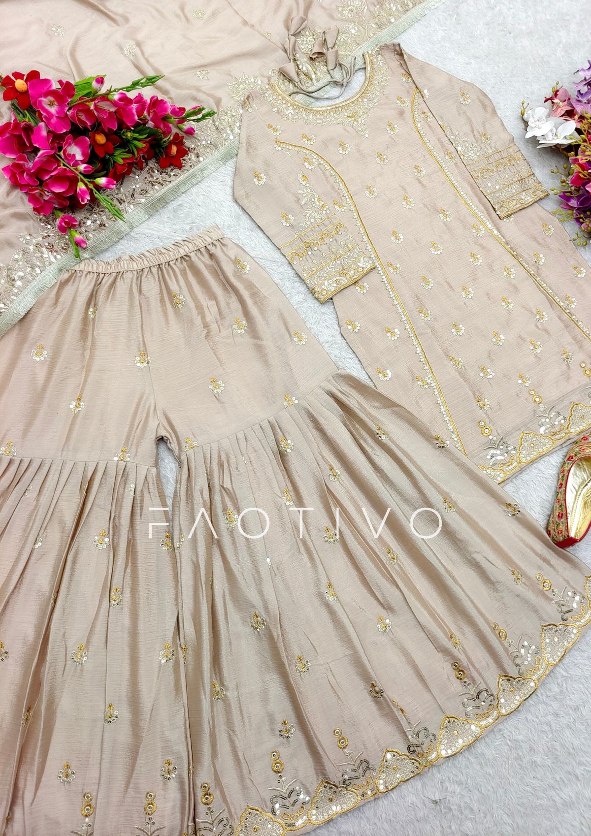 Embroidered Chinon Silk Sharara Suit Set