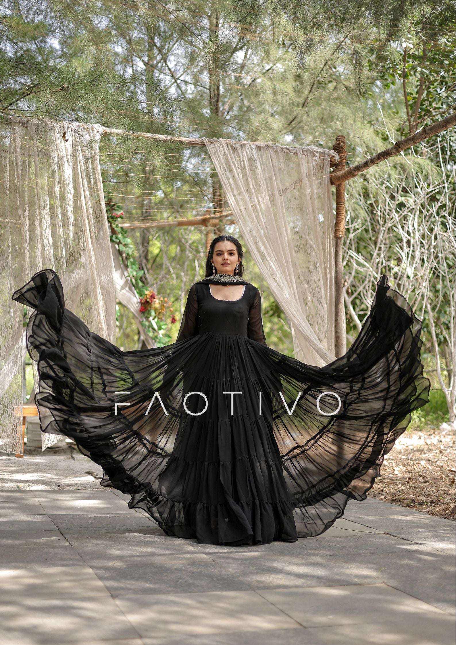 Black is the moment. Always. Premium Readymade Faux Georgette Gown with Designer Embroidered Dupatta – 5 Layer Flair | Women's Ethnic Dress | Traditional Wear | M to 2XL