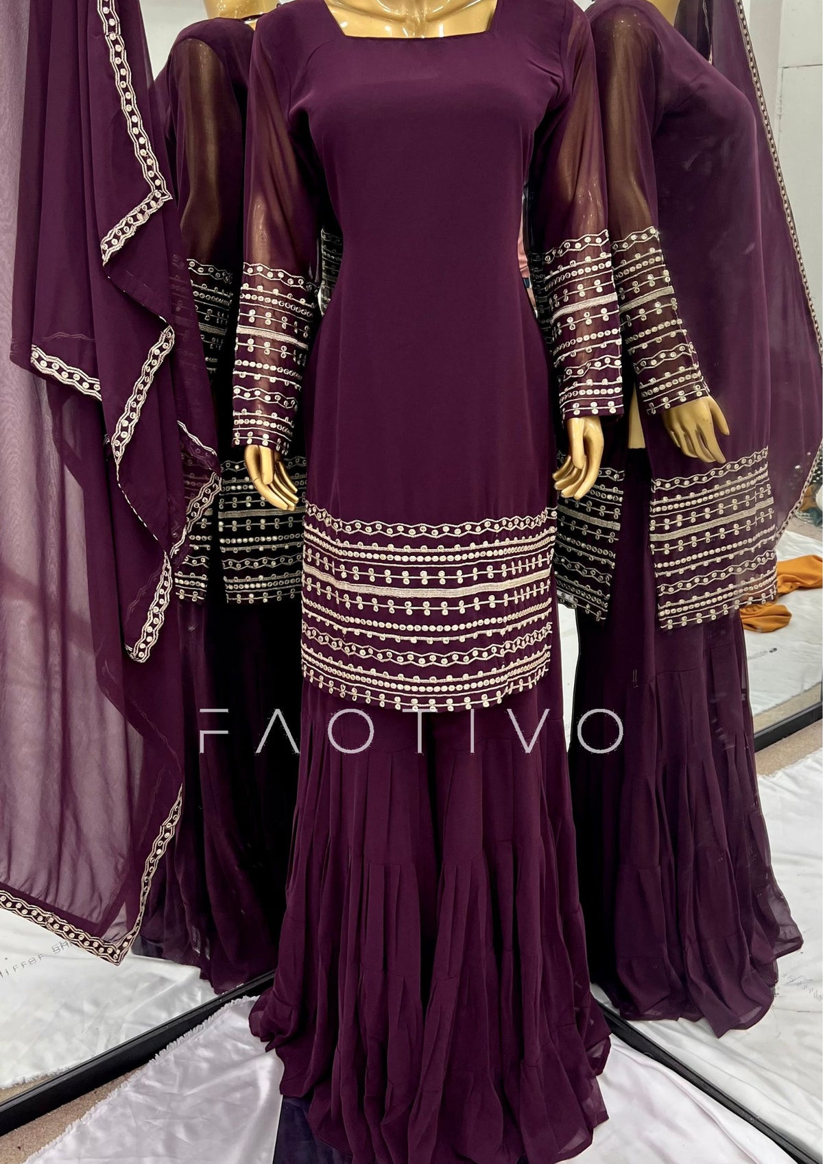 FAOTIVO Deep Purple Embroidered Sharara Suit Set