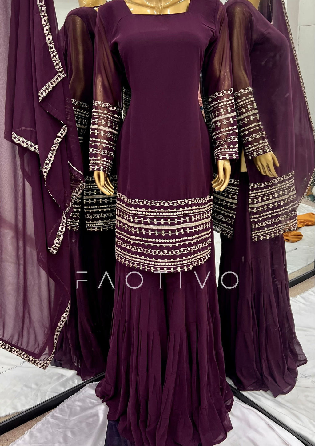 Deep Purple Fully Stitched Embroidered Sharara Suit Set | Georgette Top + Flowy Sharara + Dupatta