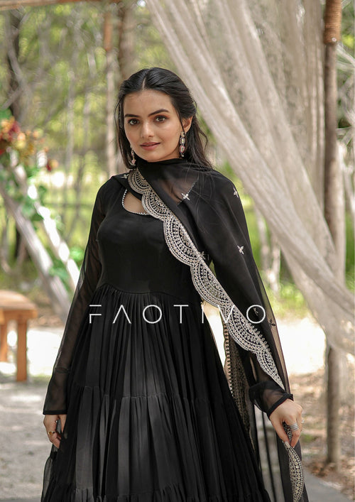 Black is the moment. Always. Premium Readymade Faux Georgette Gown with Designer Embroidered Dupatta – 5 Layer Flair | Women's Ethnic Dress | Traditional Wear | M to 2XL