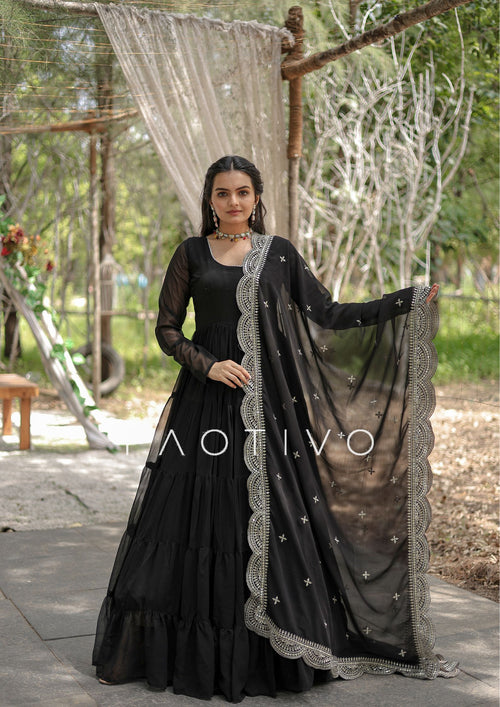 Black is the moment. Always. Premium Readymade Faux Georgette Gown with Designer Embroidered Dupatta – 5 Layer Flair | Women's Ethnic Dress | Traditional Wear | M to 2XL