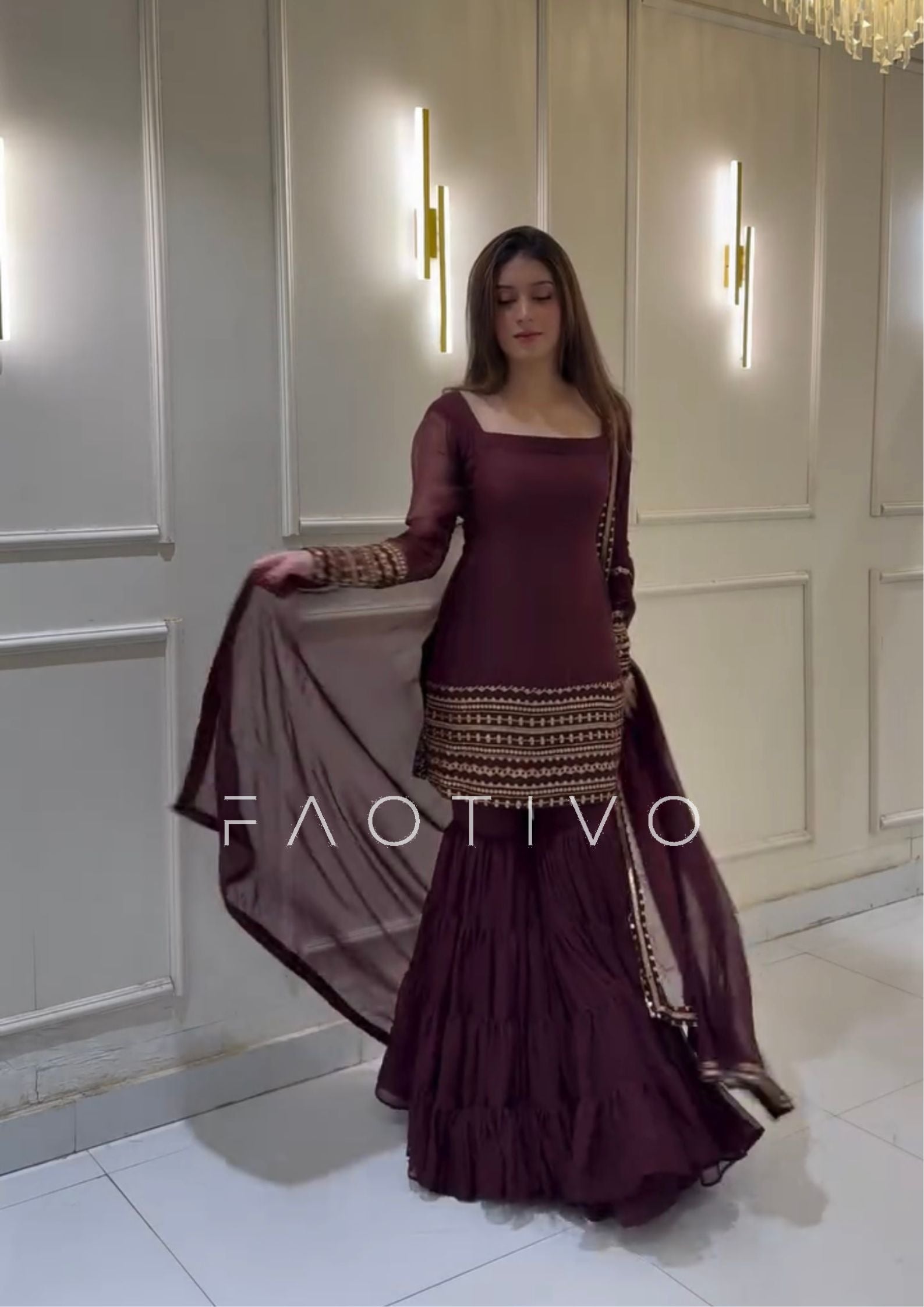 Deep Purple Fully Stitched Embroidered Sharara Suit Set | Georgette Top + Flowy Sharara + Dupatta