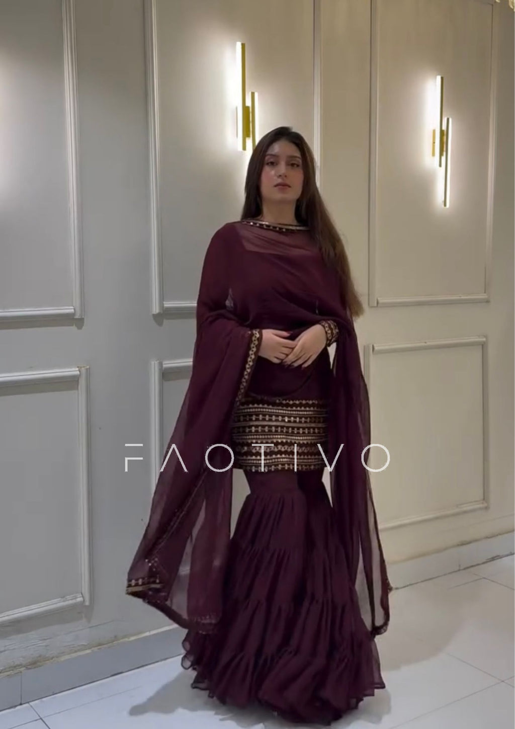 Deep Purple Fully Stitched Embroidered Sharara Suit Set | Georgette Top + Flowy Sharara + Dupatta