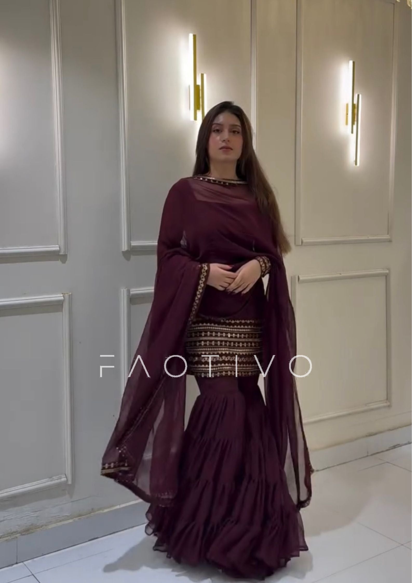 Deep Purple Fully Stitched Embroidered Sharara Suit Set | Georgette Top + Flowy Sharara + Dupatta