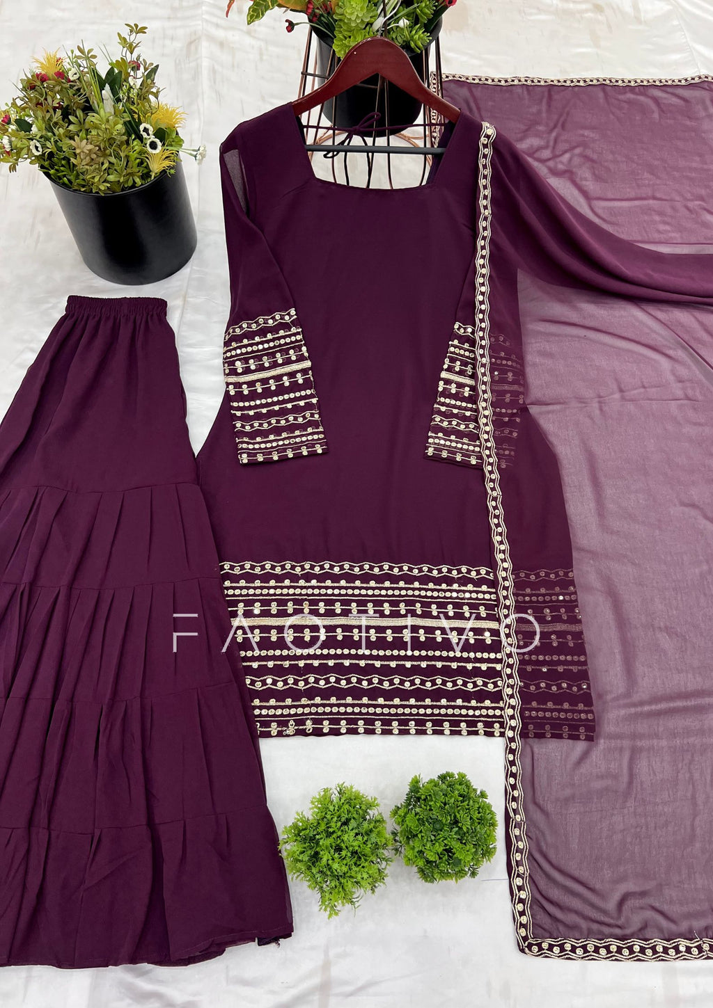 Deep Purple Fully Stitched Embroidered Sharara Suit Set | Georgette Top + Flowy Sharara + Dupatta