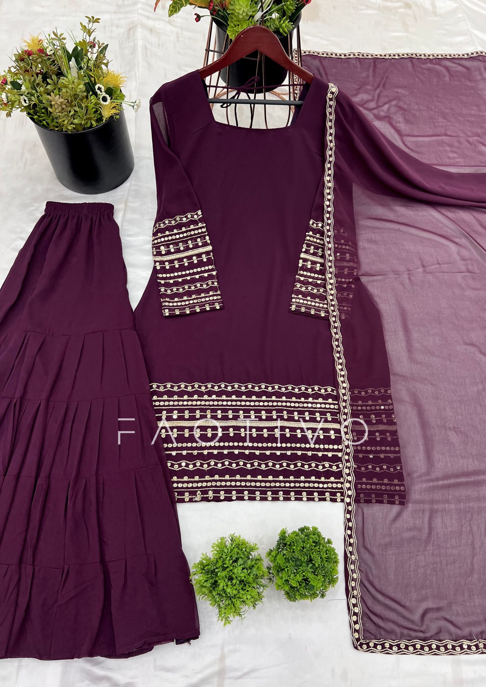 Deep Purple Fully Stitched Embroidered Sharara Suit Set | Georgette Top + Flowy Sharara + Dupatta