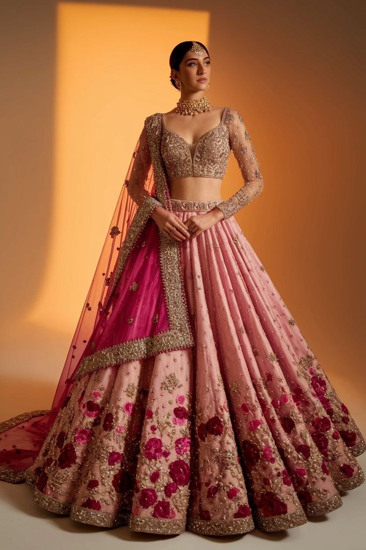 Blush Pink Floral Lehenga with Magenta Dupatta