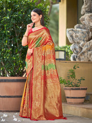 Multi-Color Red, Yellow & Green Woven Jacquard Silk Saree with Blouse Piece