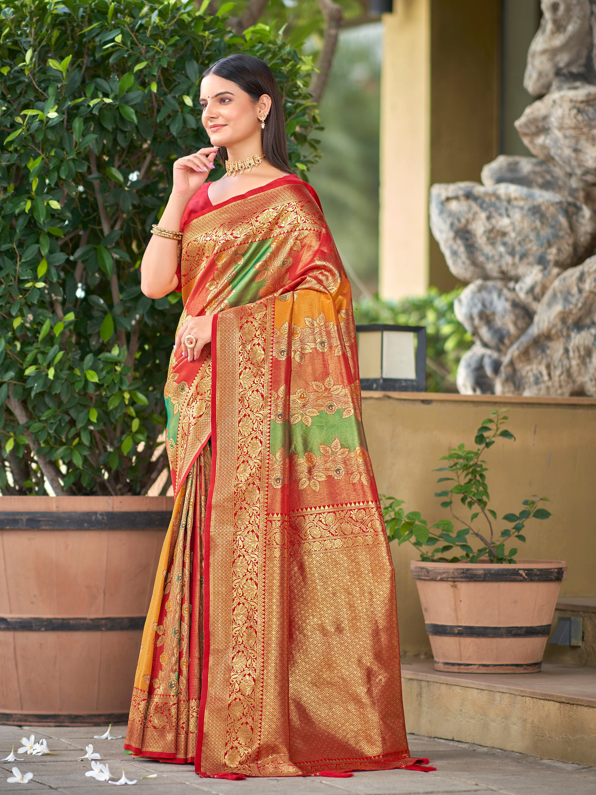 Multi-Color Red, Yellow & Green Woven Jacquard Silk Saree with Blouse Piece