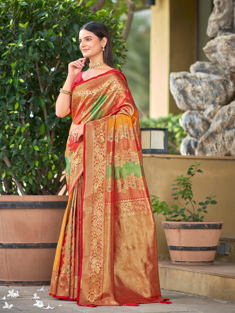 Multi-Color Red, Yellow & Green Woven Jacquard Silk Saree with Blouse Piece