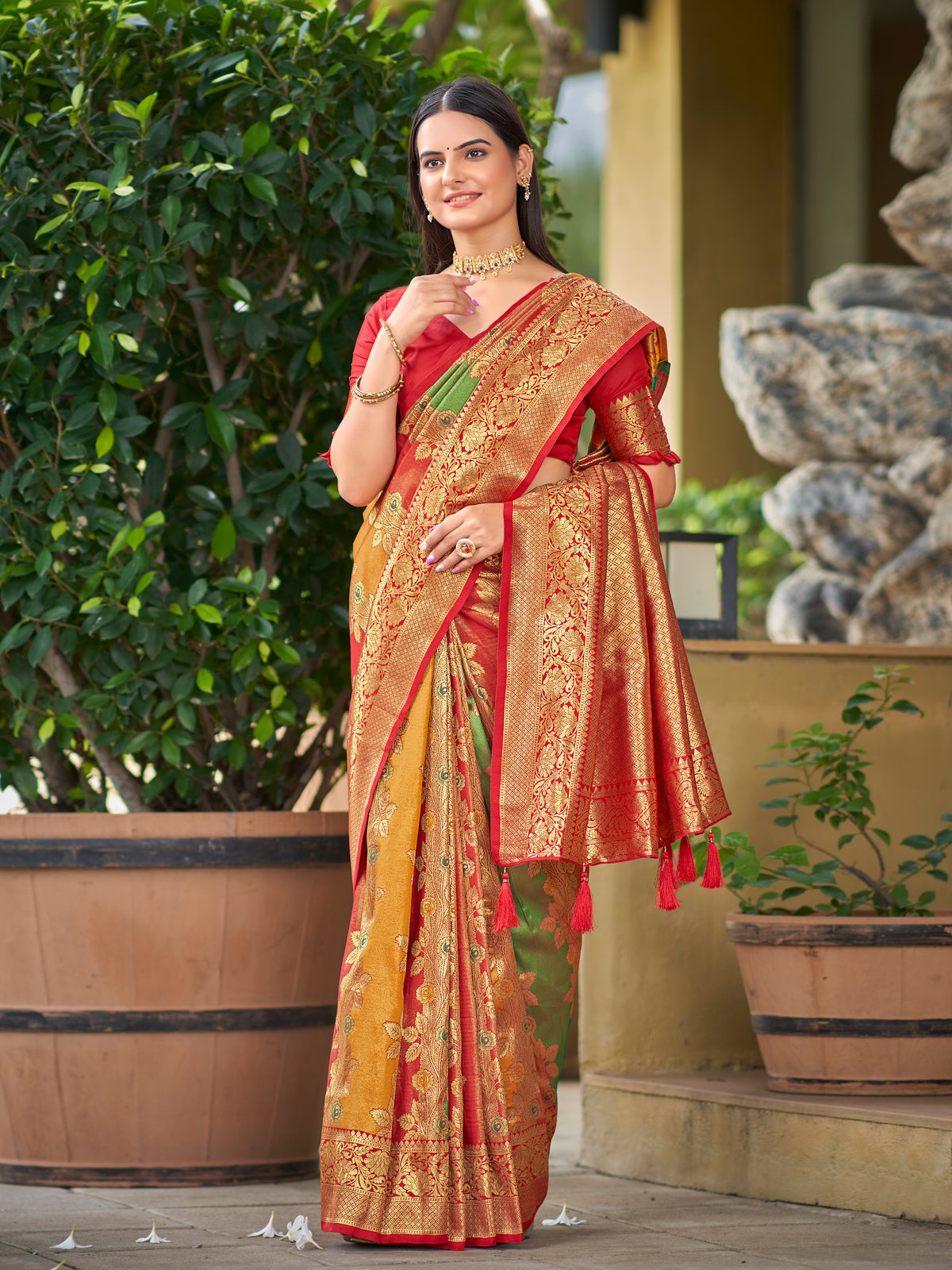 Multi-Color Red, Yellow & Green Woven Jacquard Silk Saree with Blouse Piece