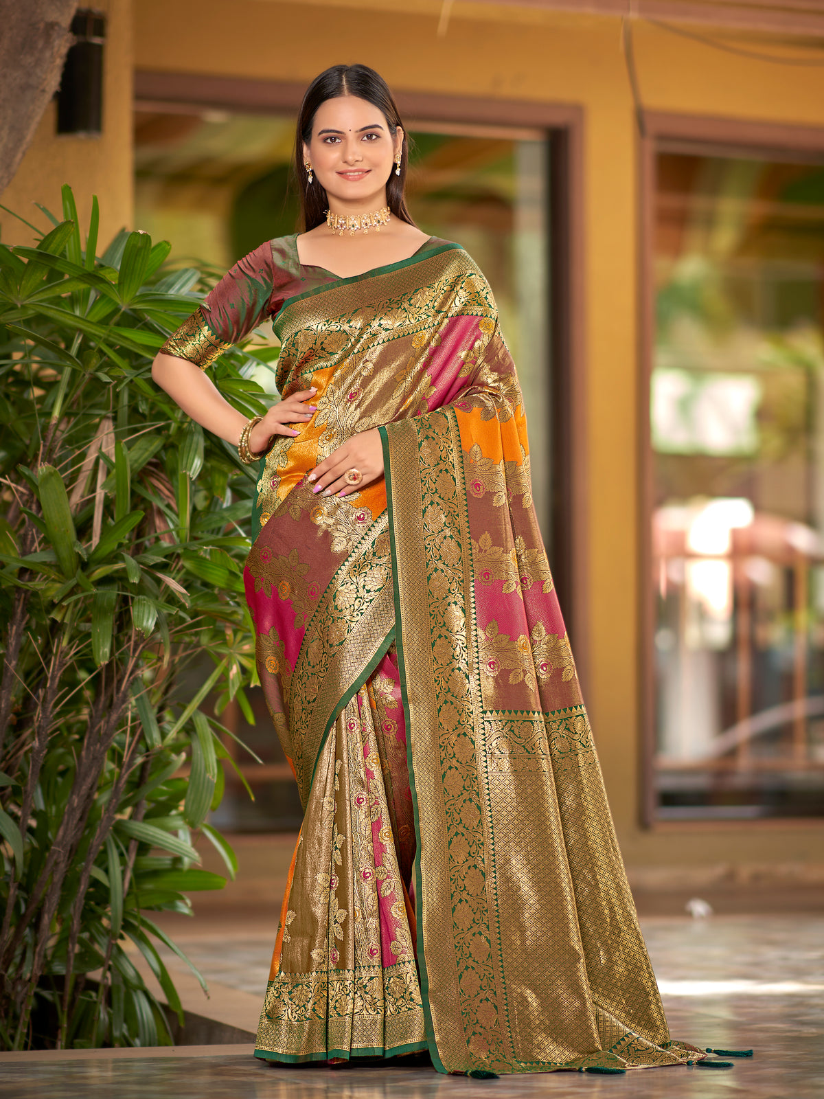 Multi-Color Mustard, Rani Pink & Olive Brown Woven Jacquard Silk Saree with Blouse Piece