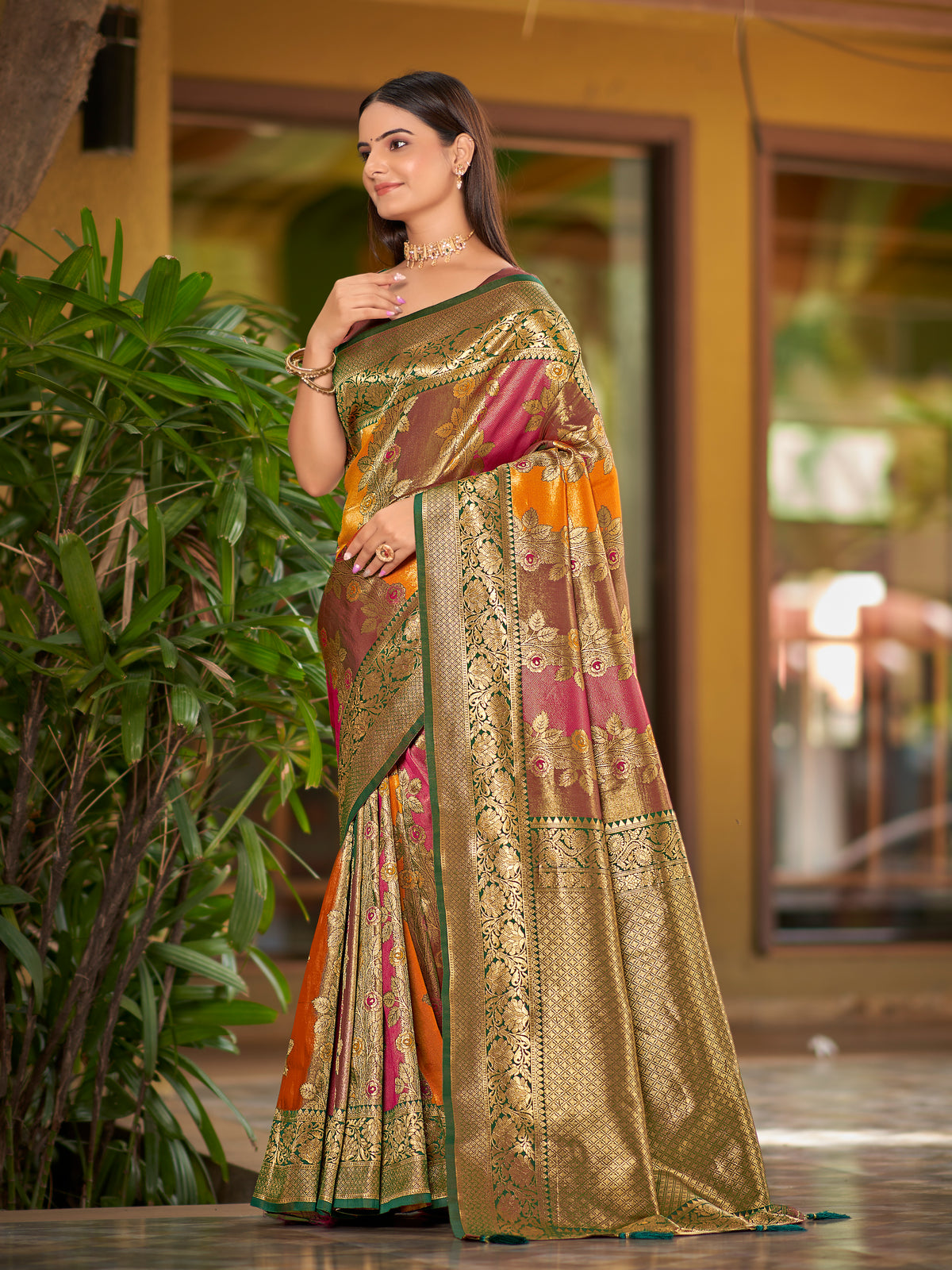 Multi-Color Mustard, Rani Pink & Olive Brown Woven Jacquard Silk Saree with Blouse Piece