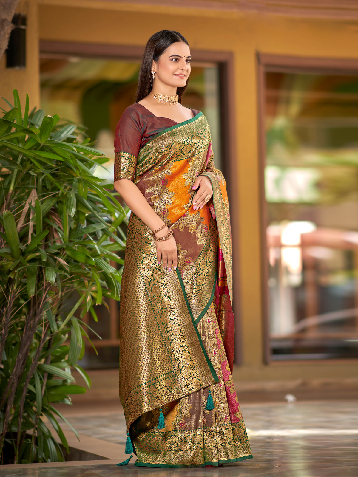 Multi-Color Mustard, Rani Pink & Olive Brown Woven Jacquard Silk Saree with Blouse Piece