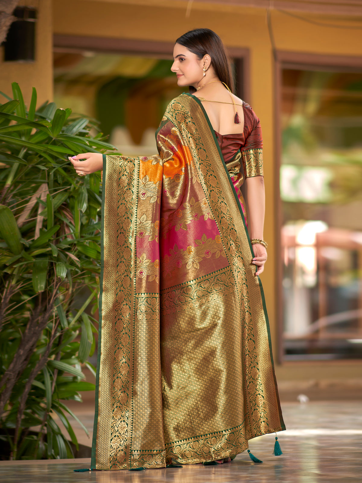 Multi-Color Mustard, Rani Pink & Olive Brown Woven Jacquard Silk Saree with Blouse Piece