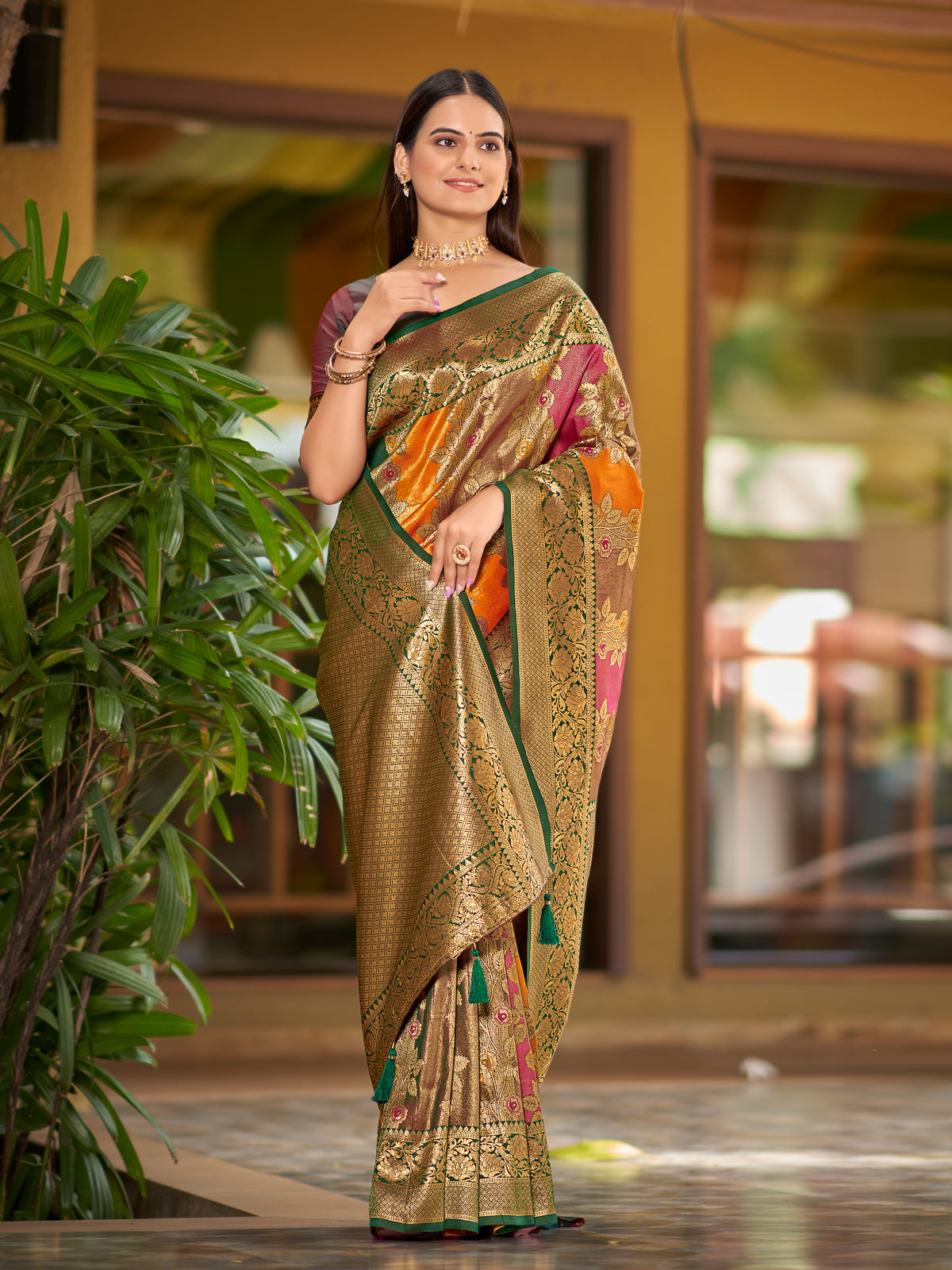 Multi-Color Mustard, Rani Pink & Olive Brown Woven Jacquard Silk Saree with Blouse Piece