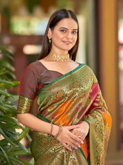 Multi-Color Mustard, Rani Pink & Olive Brown Woven Jacquard Silk Saree with Blouse Piece
