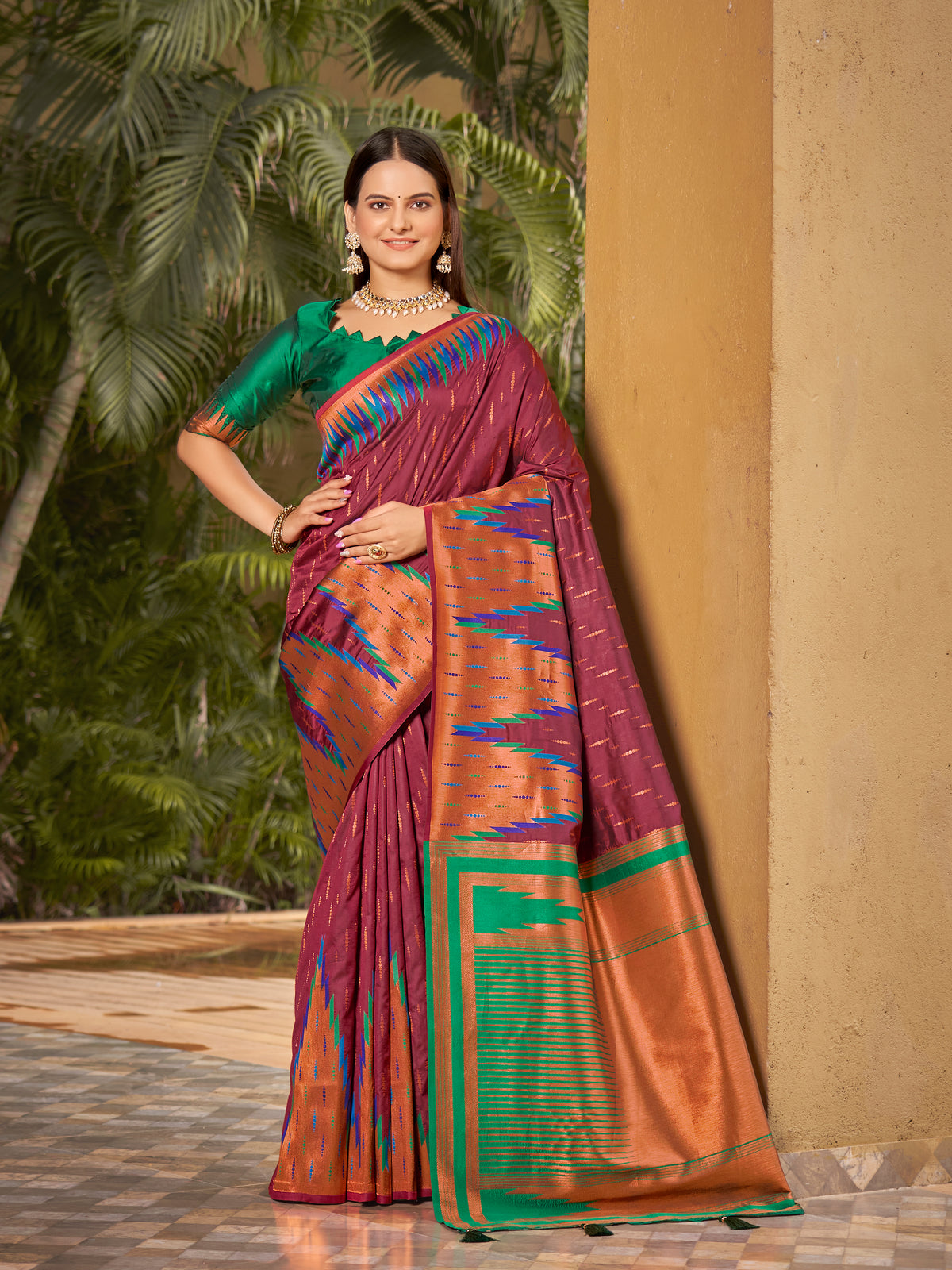 Plum Wine & Emerald Green Ikat Woven Art Silk Saree with Blouse Piece