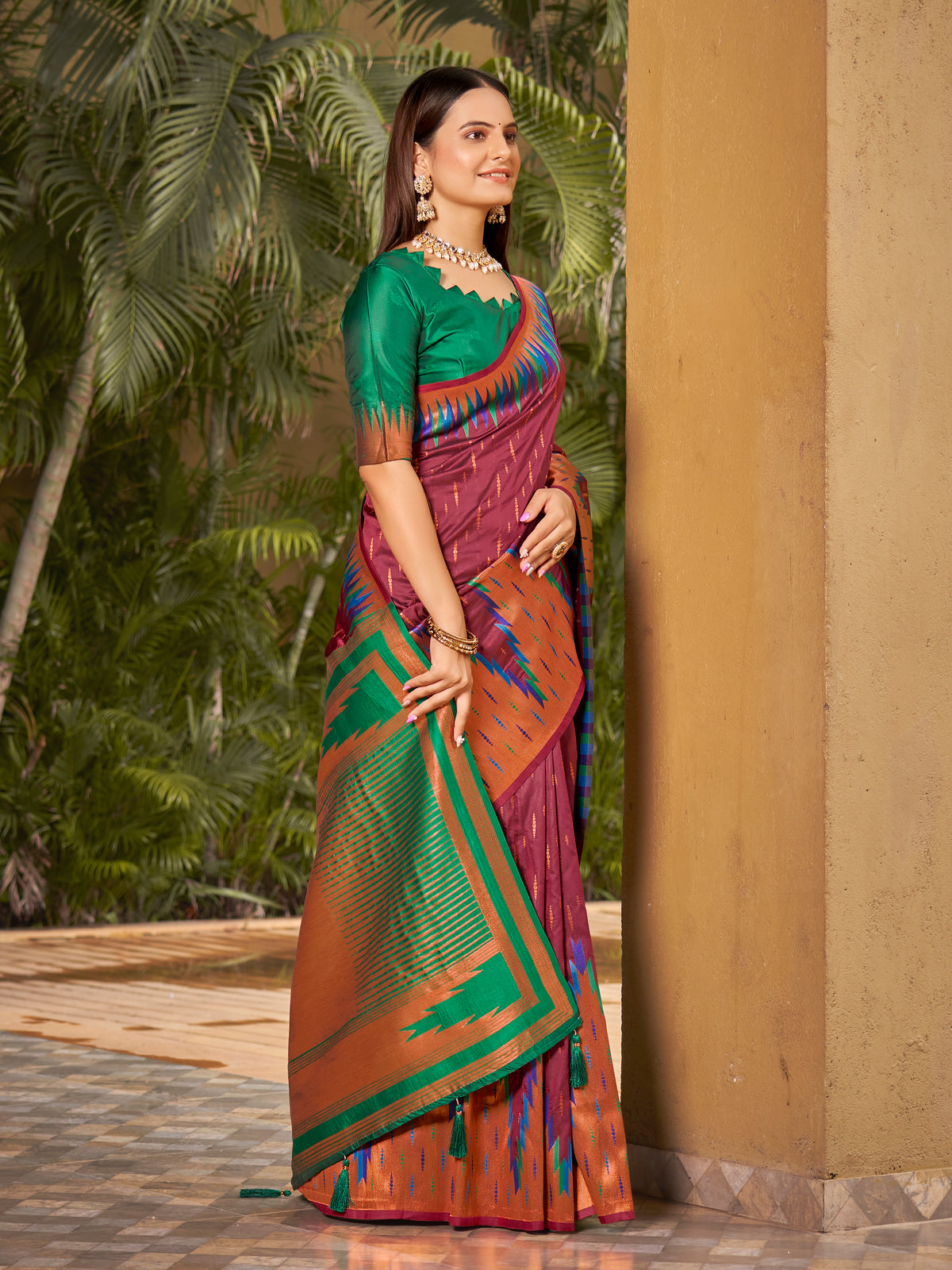 Plum Wine & Emerald Green Ikat Woven Art Silk Saree with Blouse Piece
