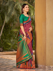 Plum Wine & Emerald Green Ikat Woven Art Silk Saree with Blouse Piece