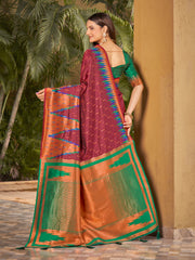 Plum Wine & Emerald Green Ikat Woven Art Silk Saree with Blouse Piece