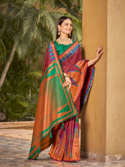 Plum Wine & Emerald Green Ikat Woven Art Silk Saree with Blouse Piece