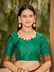 Plum Wine & Emerald Green Ikat Woven Art Silk Saree with Blouse Piece