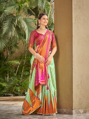 Mint Green & Magenta Pink Ikat Woven Art Silk Saree with Blouse Piece