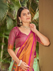 Mint Green & Magenta Pink Ikat Woven Art Silk Saree with Blouse Piece