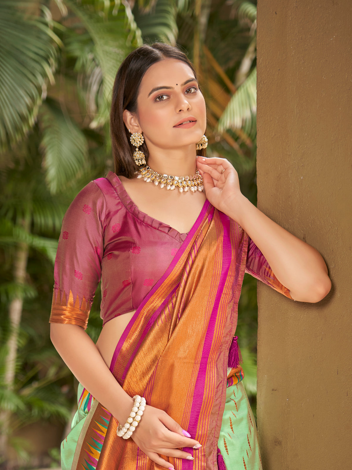 Mint Green & Magenta Pink Ikat Woven Art Silk Saree with Blouse Piece