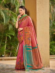 Onion Pink & Emerald Green Ikat Woven Art Silk Saree with Blouse Piece