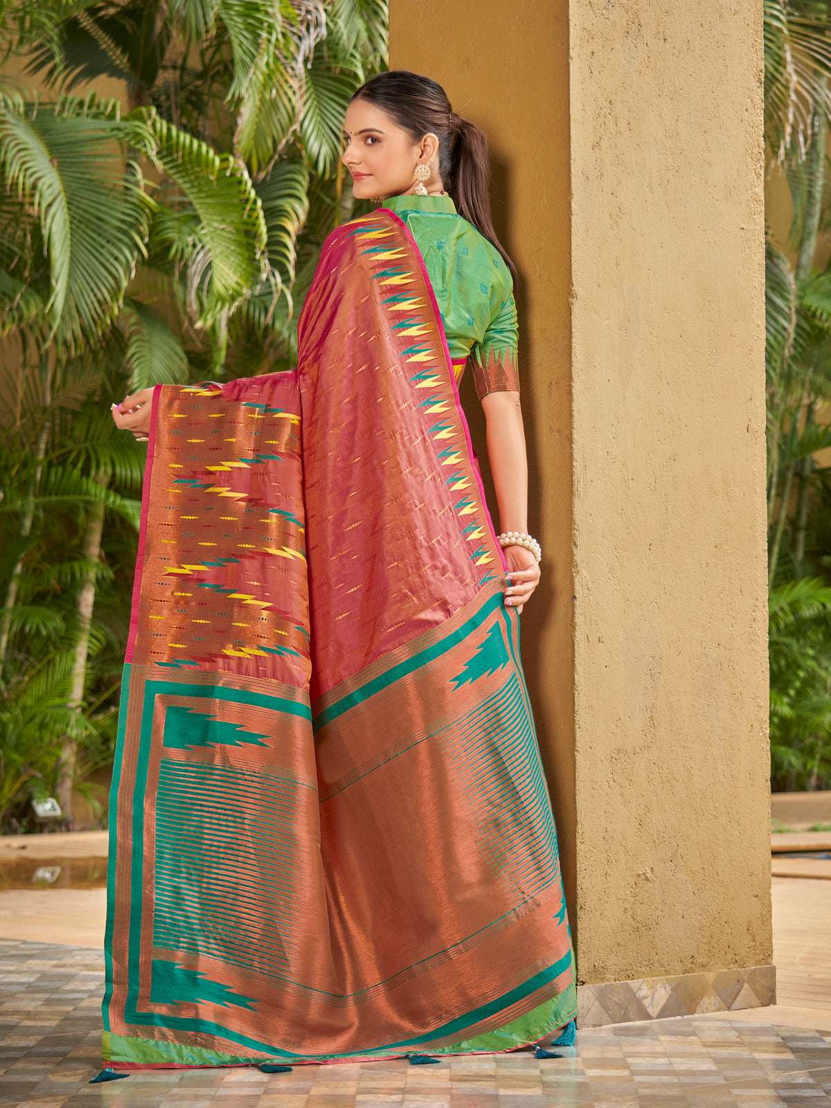 Onion Pink & Emerald Green Ikat Woven Art Silk Saree with Blouse Piece