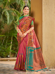 Onion Pink & Emerald Green Ikat Woven Art Silk Saree with Blouse Piece