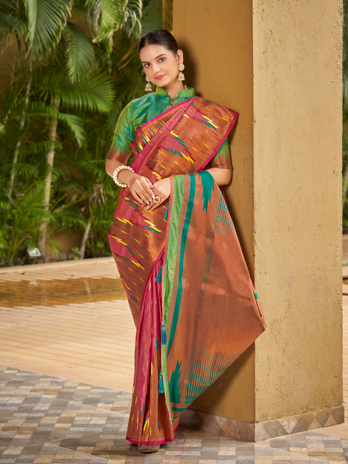Onion Pink & Emerald Green Ikat Woven Art Silk Saree with Blouse Piece