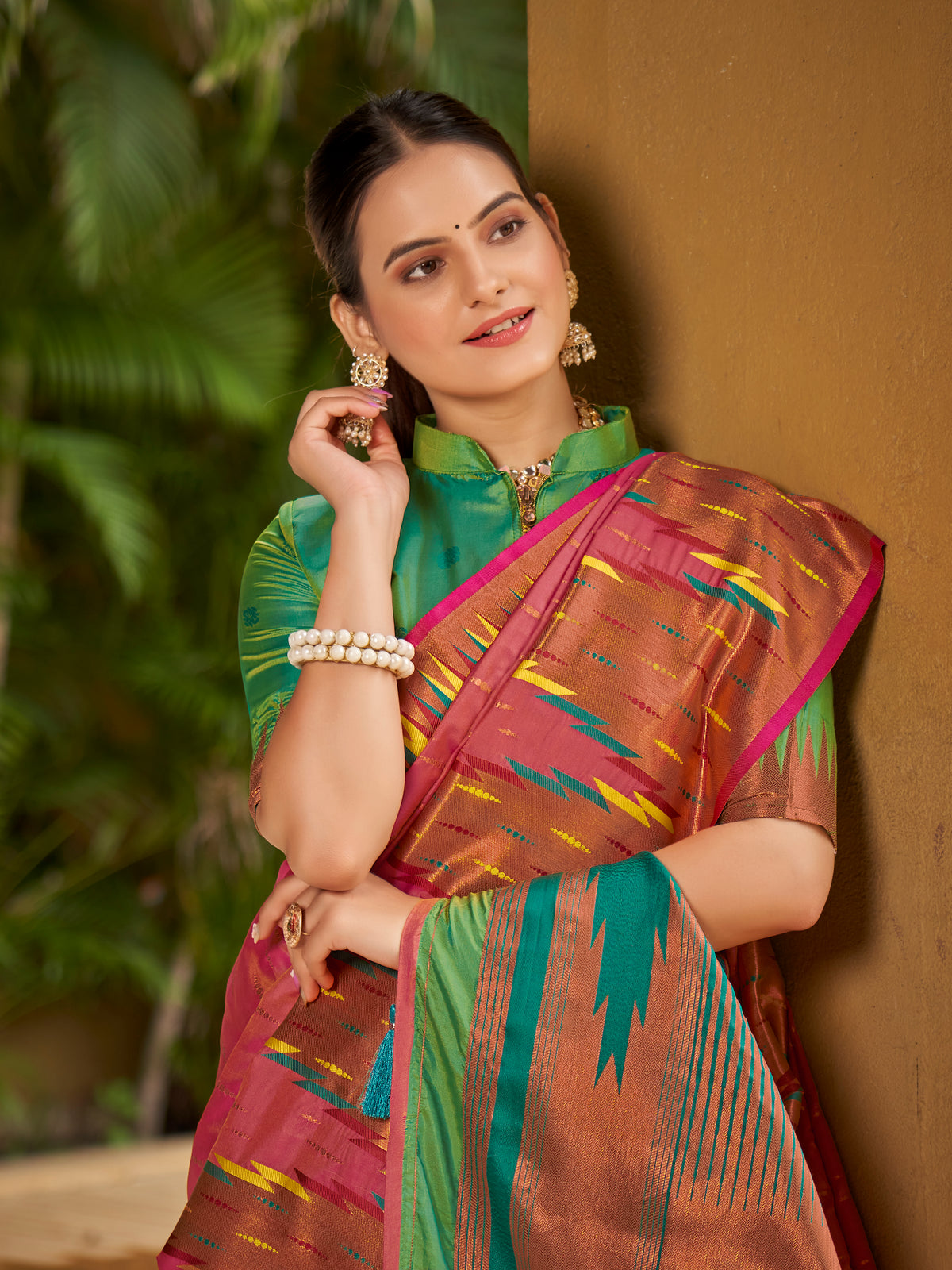 Onion Pink & Emerald Green Ikat Woven Art Silk Saree with Blouse Piece