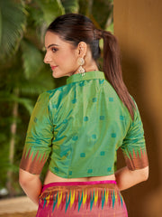 Onion Pink & Emerald Green Ikat Woven Art Silk Saree with Blouse Piece