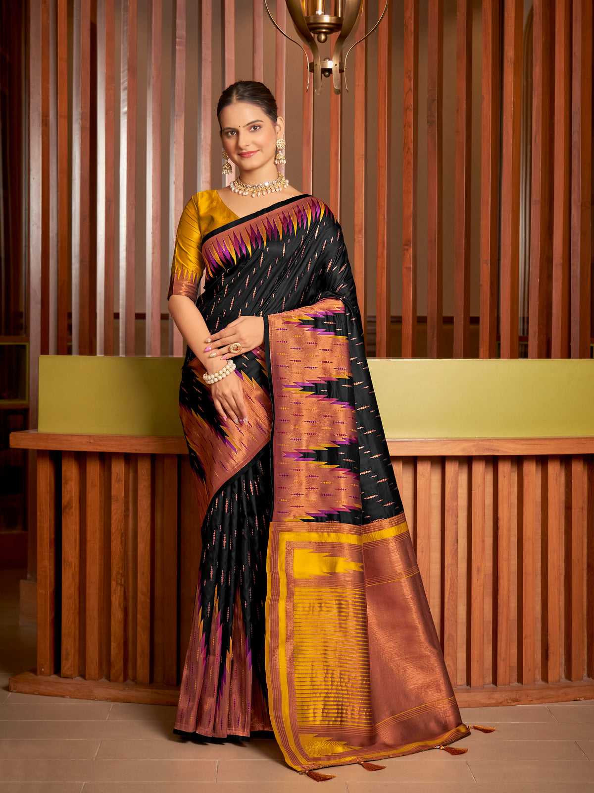 et Black & Mustard Gold Ikat Woven Art Silk Saree with Blouse Piece