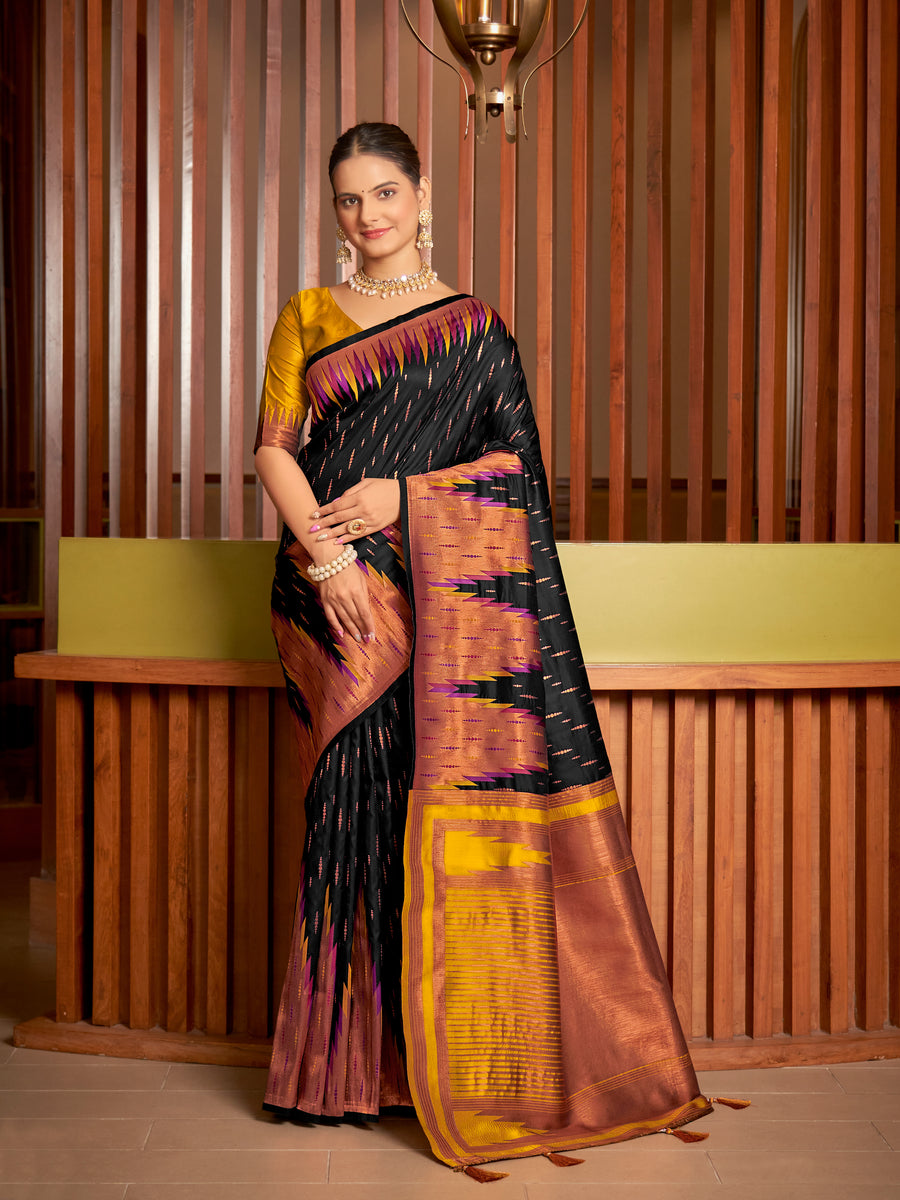 et Black & Mustard Gold Ikat Woven Art Silk Saree with Blouse Piece