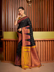 et Black & Mustard Gold Ikat Woven Art Silk Saree with Blouse Piece