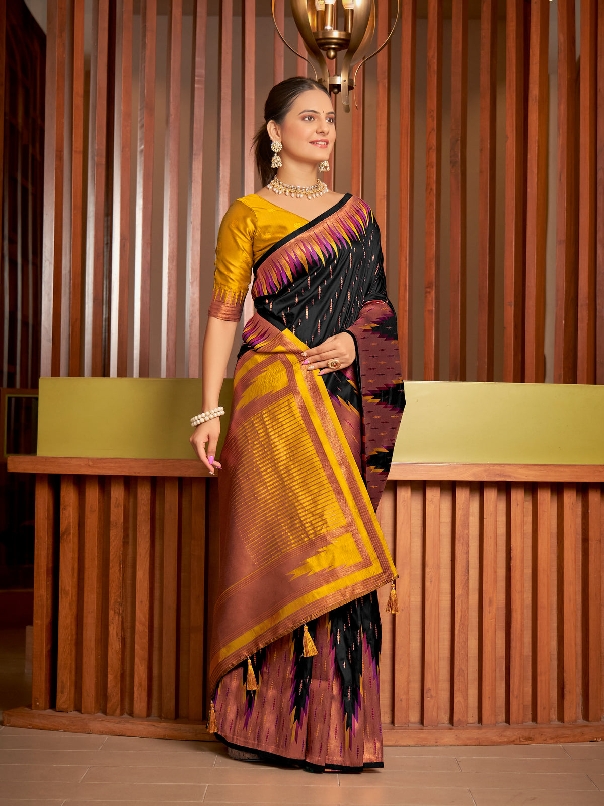 et Black & Mustard Gold Ikat Woven Art Silk Saree with Blouse Piece