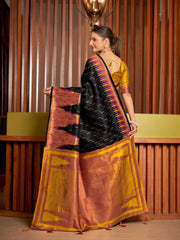 et Black & Mustard Gold Ikat Woven Art Silk Saree with Blouse Piece