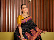 et Black & Mustard Gold Ikat Woven Art Silk Saree with Blouse Piece