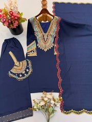 Women’s Navy Blue Pure Heavy Roman Silk Embroidered Sequin Suit Set with Purse