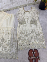 Chinnon Silk Embroidered Sharara Suit 3 Piece Top Sharara Dupatta Set