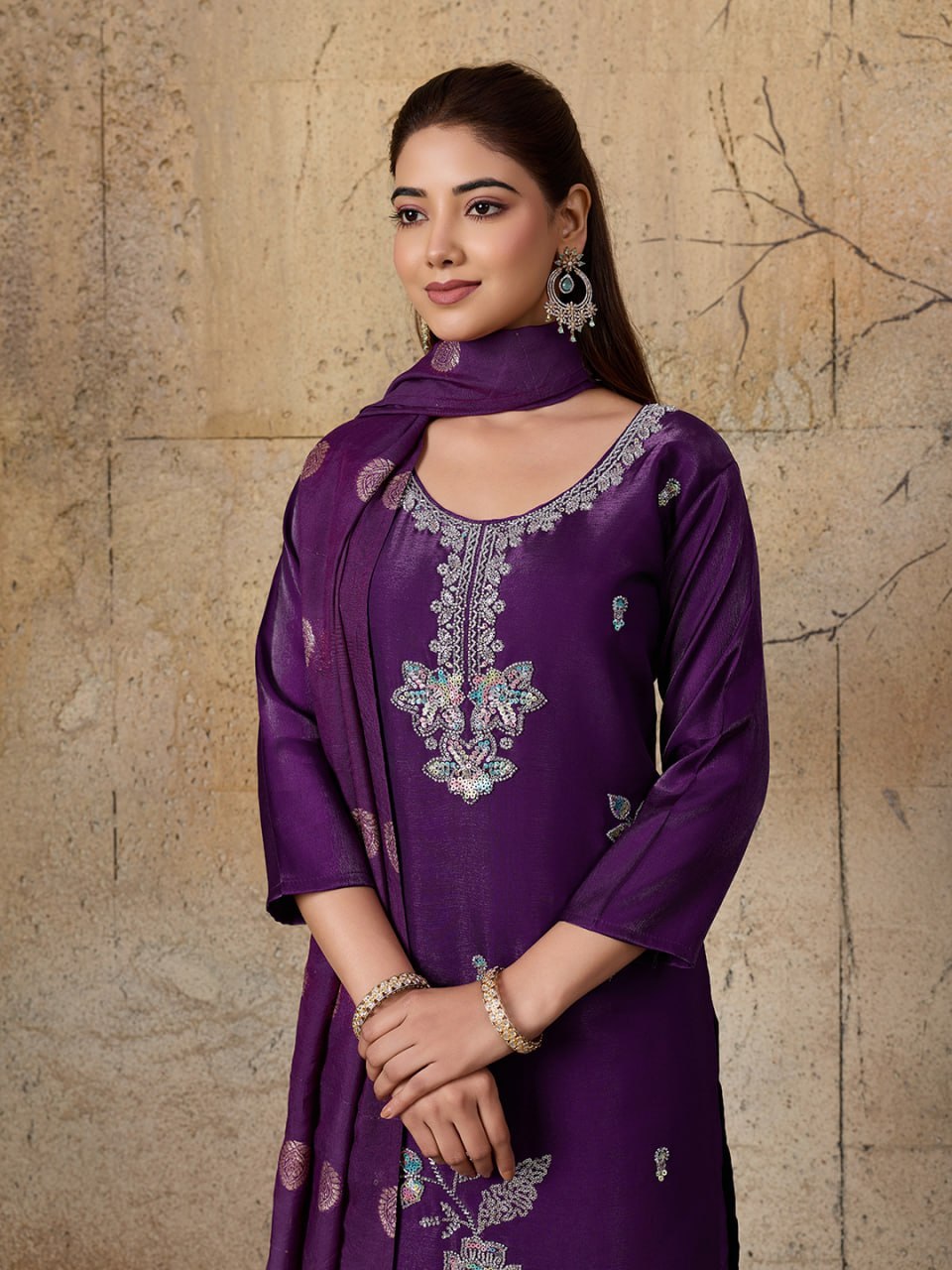 Beautiful Roman Glass Embroidered 3 Piece Kurta Pant Dupatta Set
